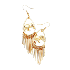 Gold Toned Elephant Teardrop Dangle Earrings with Fringes