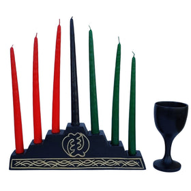 Gye Nyame Pyramid: Authentic Hand Caved Kwanzaa Kinara Wood Celebration Set (Black)