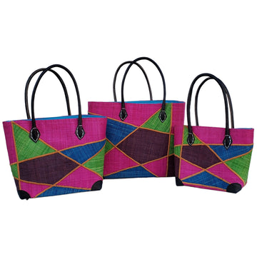 Mirana: Authentic Hand Made Multicolor Madagascar Raffia Hand Bag (Fuchsia Multicolor)