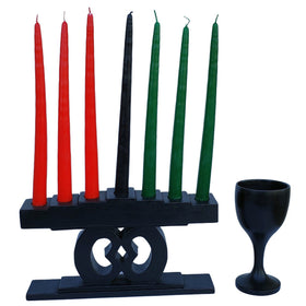 Nyame Biribi Wo Soro: Authentic Hand Carved Kwanzaa Wood Kinara Celebration Set (Black)