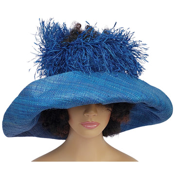 Hibo: Hand Woven Madagascar Big Brim Crown Out Raffia Sun Hat (Blue)