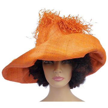 Hadiza: Handwoven Madagascar Big Brim Crown Out Raffia Sun Hat (Orange)