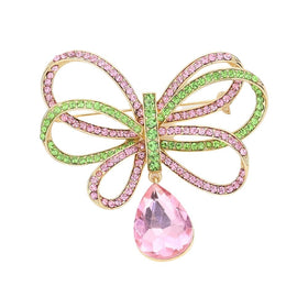 Pink and Green Pave Rhinestone Ribbon Dangle Brooch  ( Gold Tone)