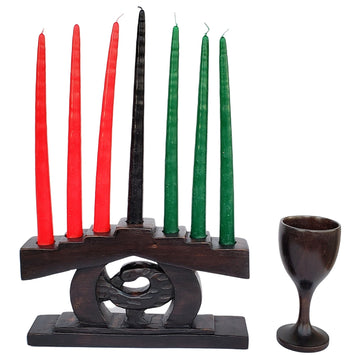 Sankofa: Authentic Hand Carved Kwanzaa Kinara Wood Celebration Set (Brown)