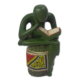 The Beaded Reader: Authentic African Wood Sculpture by Theophilus Anum