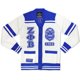 Zeta Phi Beta White & Royal Blue Cardigan Sweater by Big Boy Headgear